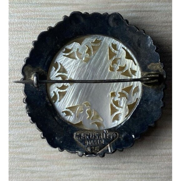 Vintage Sterling Silver Jerusalem Signed 925 Carved Mother Of Pearl Star Brooch - Picture 2 of 8